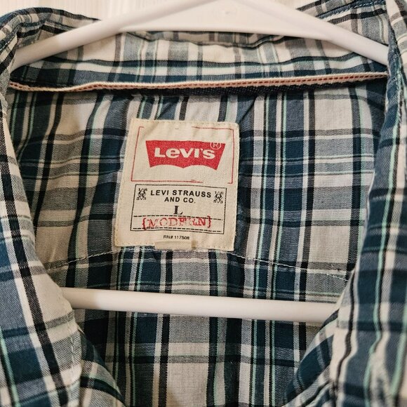 LeVI’S Western Shirt Mens Sz L Pearl Button Snaps Cowboy Blue Plaid Cotton Blend - Picture 4 of 8